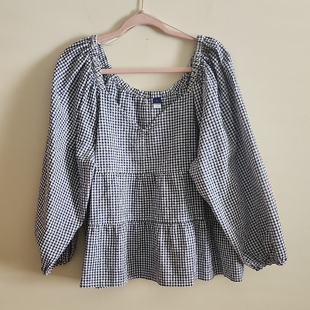 Old Navy Blue White Gingham Puff Sleeve Blouse Babydoll Top Feminine Prarie